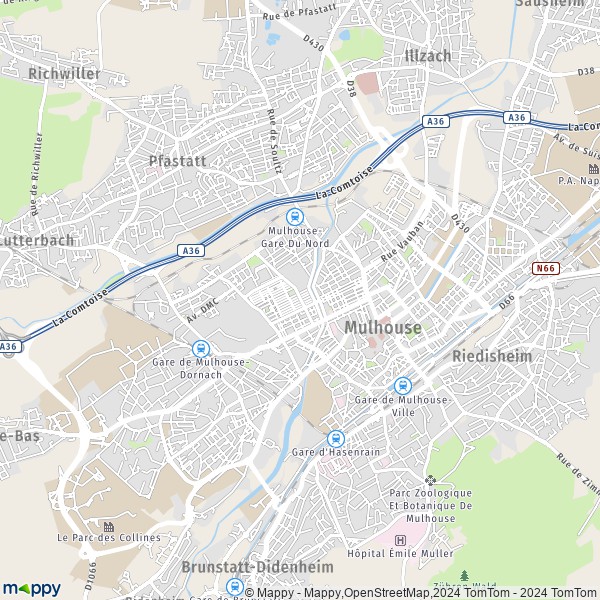 La carte pour la ville de Mulhouse 68100-68200